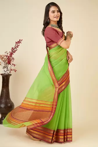 Parrot green woven self design cotton silk kota doria saree with blouse