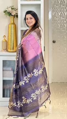 pink soft tussar silk digital floral printed saree with tassel pallu 4