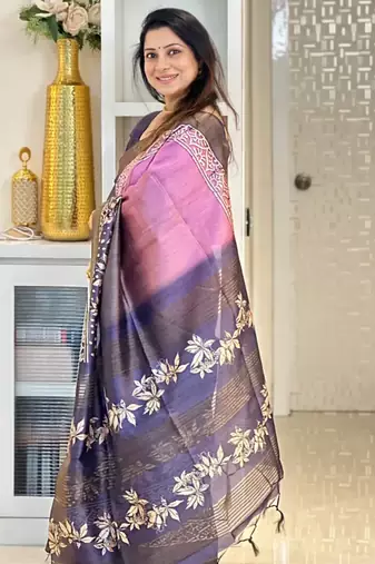 pink soft tussar silk digital floral printed saree with tassel pallu