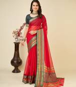Red woven self design cotton silk kota doria saree with blouse