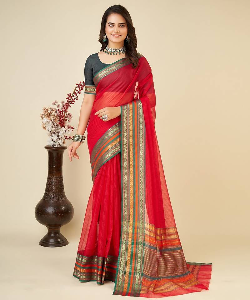 Red woven self design cotton silk kota doria saree with blouse