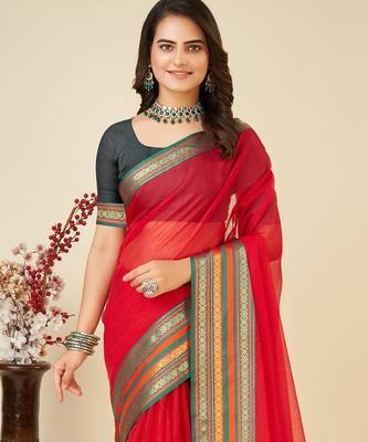 Red woven self design cotton silk kota doria saree with blouse 2