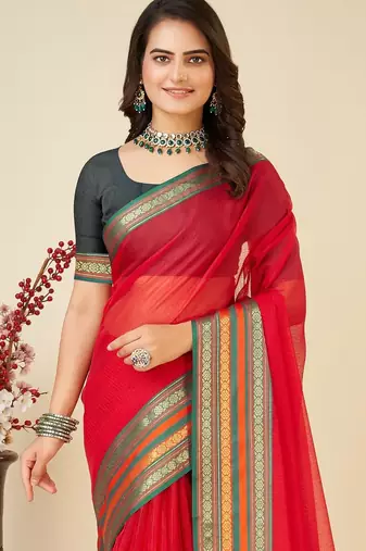 Red woven self design cotton silk kota doria saree with blouse