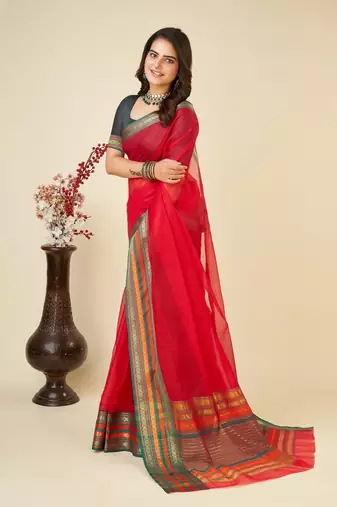 Red woven self design cotton silk kota doria saree with blouse