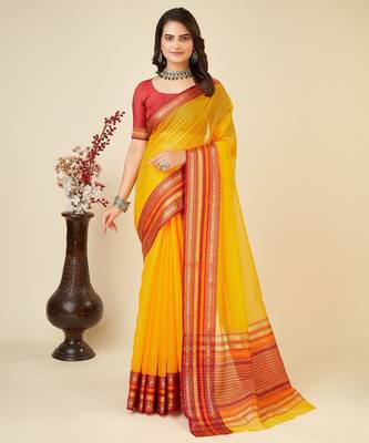 Yellow woven self design cotton silk kota doria saree with blouse 1