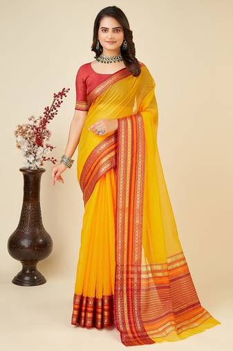 Yellow woven self design cotton silk kota doria saree with blouse