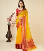 Yellow woven self design cotton silk kota doria saree with blouse