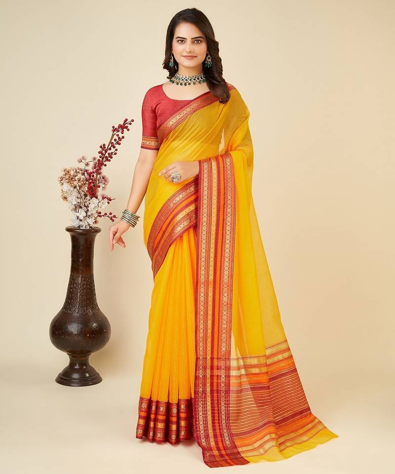 Yellow woven self design cotton silk kota doria saree with blouse