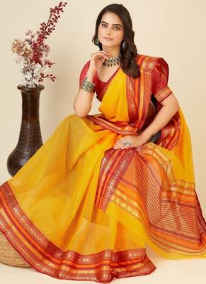 Yellow woven self design cotton silk kota doria saree with blouse 3