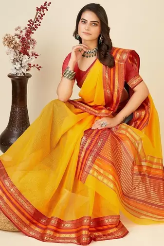 Yellow woven self design cotton silk kota doria saree with blouse