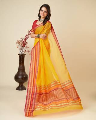 Yellow woven self design cotton silk kota doria saree with blouse 4