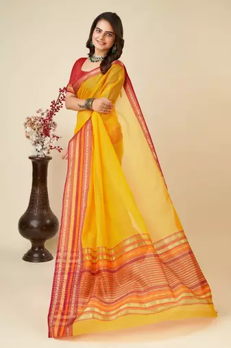Yellow woven self design cotton silk kota doria saree with blouse