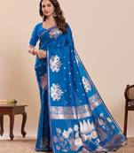 Blue floral print pure soft silk banarasi saree with blouse