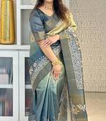green soft tussar silk digital floral printed saree with tassel pallu