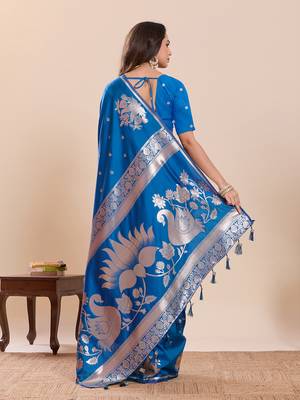 Blue floral print soft silk blend banarasi saree with blouse 4