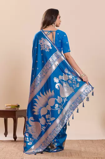 Blue floral print pure soft silk banarasi saree with blouse