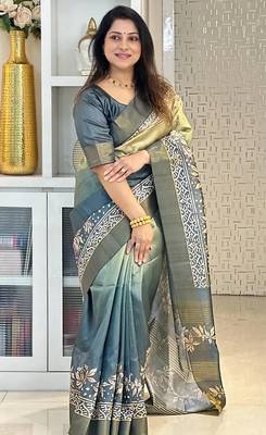 green soft tussar silk digital floral printed saree with tassel pallu 2