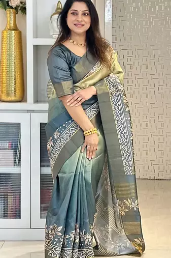 green soft tussar silk digital floral printed saree with tassel pallu