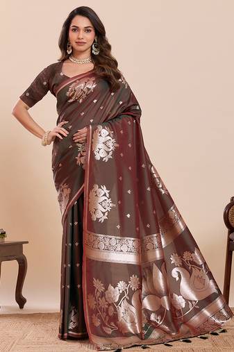 Brown floral print pure soft silk banarasi saree with blouse