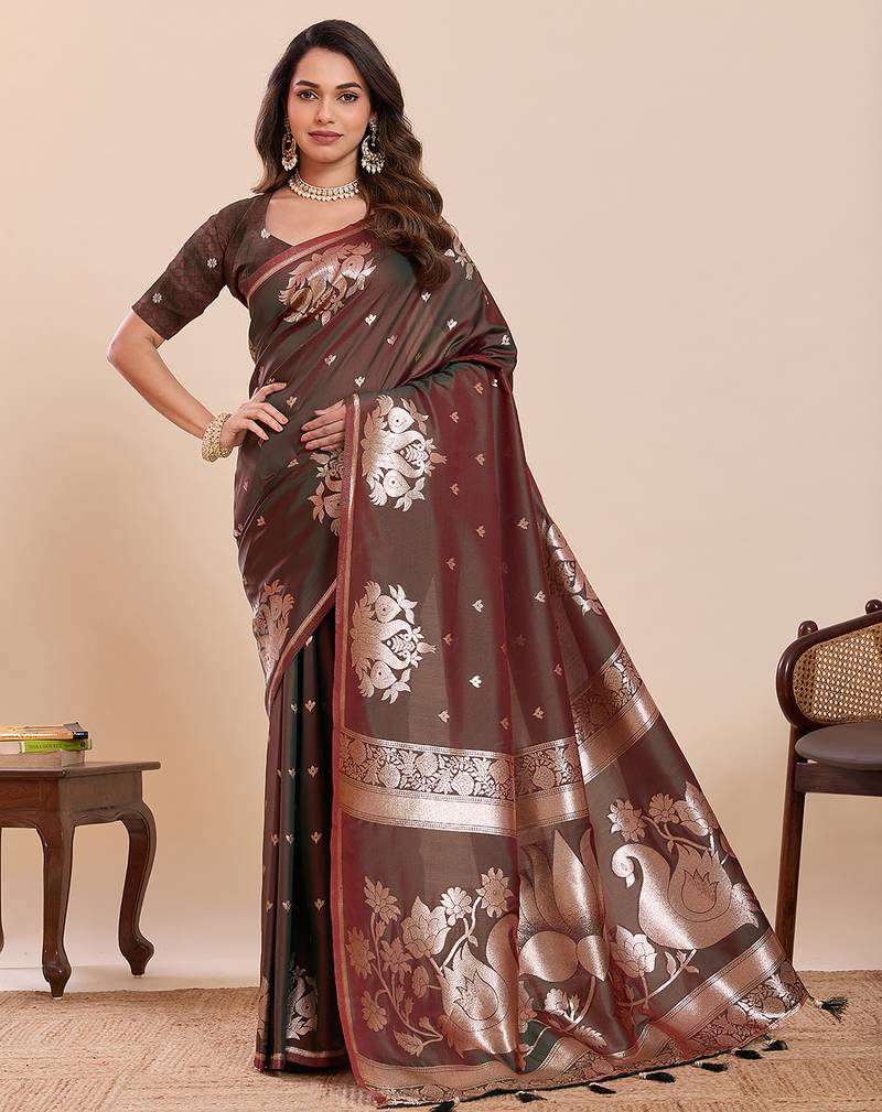 Brown floral print pure soft silk banarasi saree with blouse