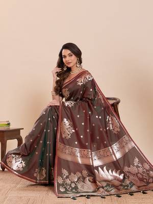 Brown floral print soft silk blend banarasi saree with blouse 2