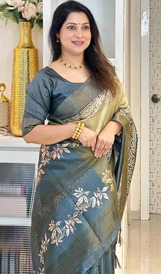 green soft tussar silk digital floral printed saree with tassel pallu 3