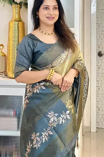 green soft tussar silk digital floral printed saree with tassel pallu