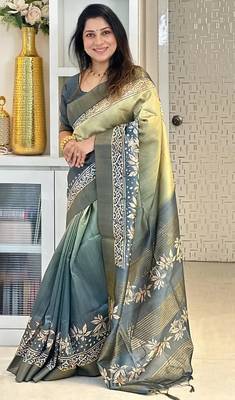 green soft tussar silk digital floral printed saree with tassel pallu 4