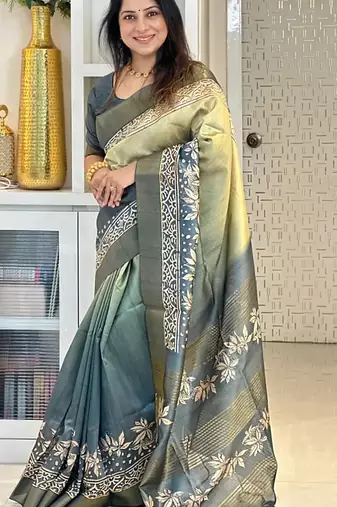 green soft tussar silk digital floral printed saree with tassel pallu