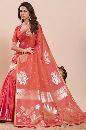 Coral pink floral print pure soft silk banarasi saree with blouse