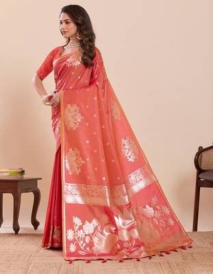Coral pink floral print soft silk blend banarasi saree with blouse 3