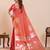 Coral pink floral print pure soft silk banarasi saree with blouse