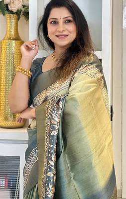 green soft tussar silk digital floral printed saree with tassel pallu 5