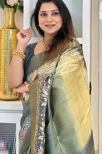 green soft tussar silk digital floral printed saree with tassel pallu