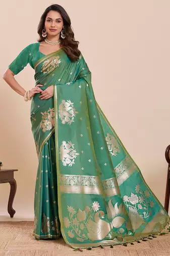 Green floral print pure soft silk banarasi saree with blouse