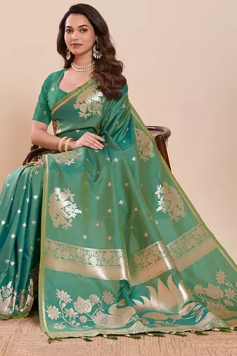 Green floral print pure soft silk banarasi saree with blouse
