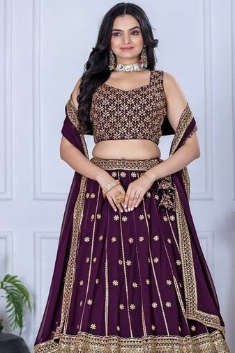 Wine Color Embroidery With Thread & Sequence Work Fox Georgette Lehanga Choli Set