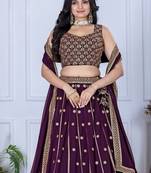 Wine Color Embroidery With Thread & Sequence Work Fox Georgette Lehanga Choli Set