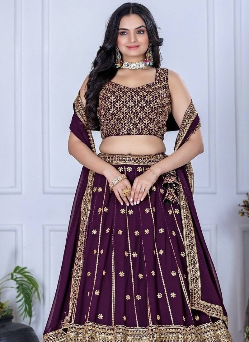 Wine Color Embroidery With Thread & Sequence Work Fox Georgette Lehanga Choli Set