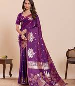Purple floral print pure soft silk banarasi saree with blouse