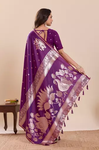 Purple floral print pure soft silk banarasi saree with blouse