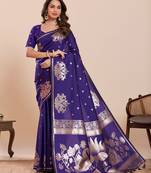 Violet floral print pure soft silk banarasi saree with blouse