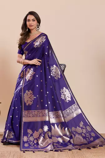 Violet floral print pure soft silk banarasi saree with blouse