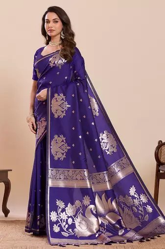 Violet floral print pure soft silk banarasi saree with blouse