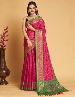 Dark pink woven self design embellished pure silk patola saree with blouse 1