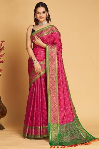 Dark pink woven self design embellished pure silk patola saree with blouse