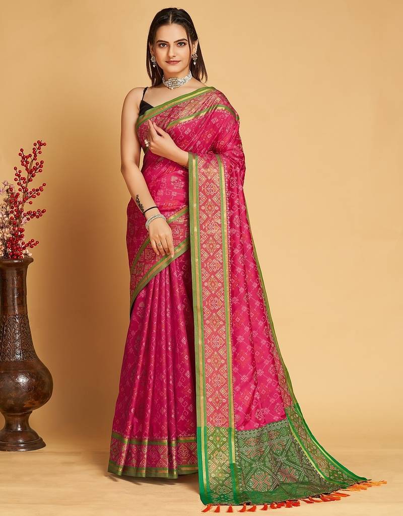 Dark pink woven self design embellished pure silk patola saree with blouse