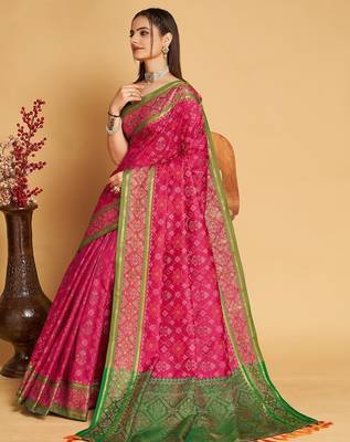 Dark pink woven self design embellished pure silk patola saree with blouse 3
