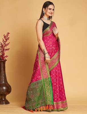 Dark pink woven self design embellished pure silk patola saree with blouse 4