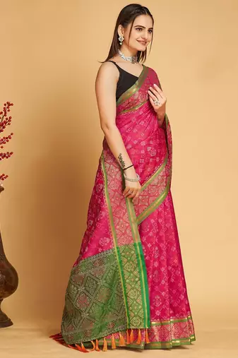 Dark pink woven self design embellished pure silk patola saree with blouse